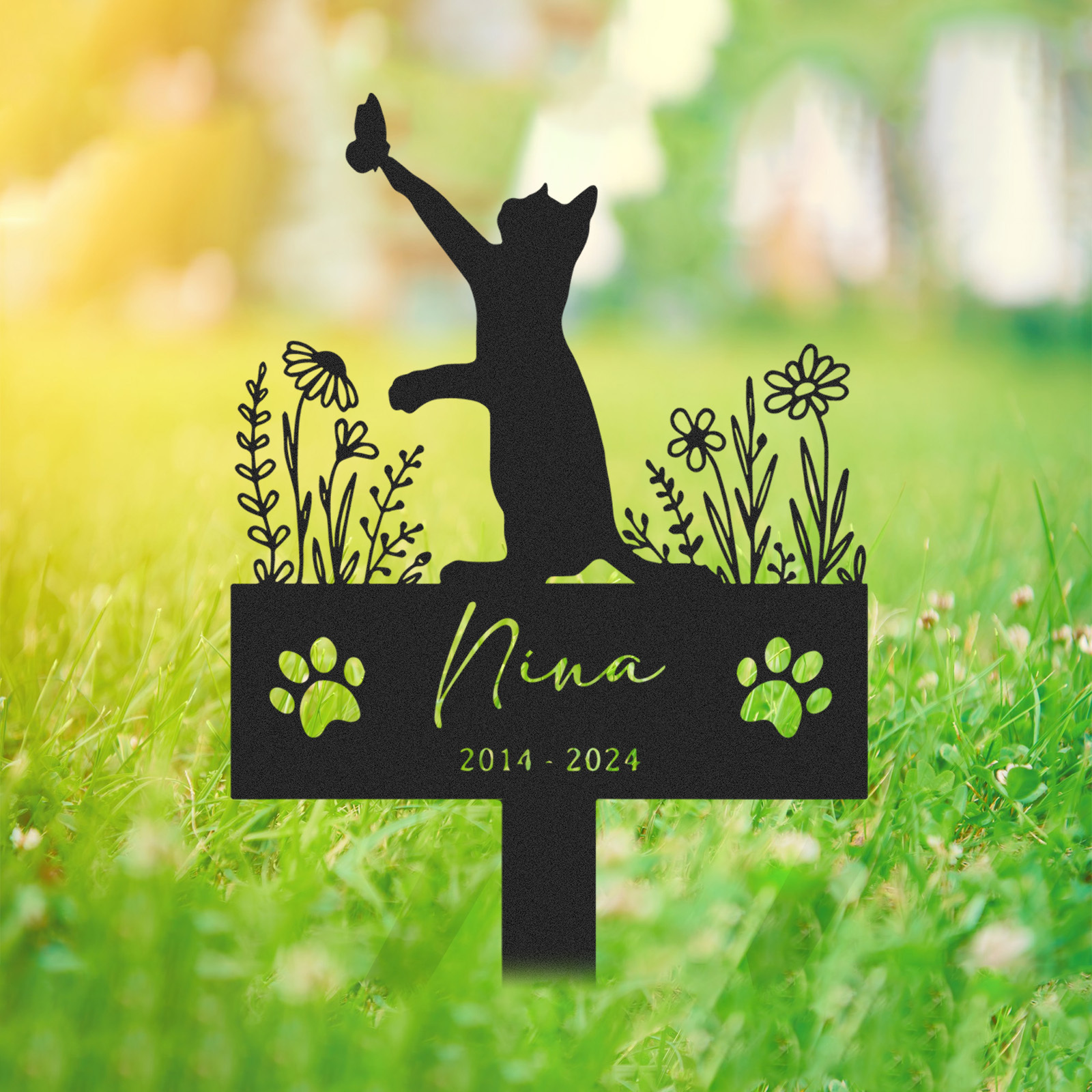 Personalized Metal Cat Stake, Cat Memorial Stake with Flowers, Custom Cat Cemetery Stake