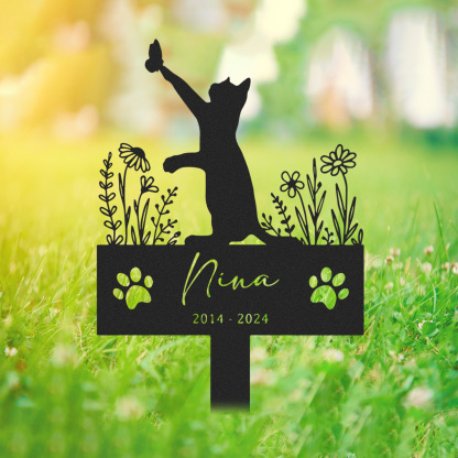 Personalized Metal Cat Stake, Cat Memorial Stake with Flowers, Custom Cat Cemetery Stake