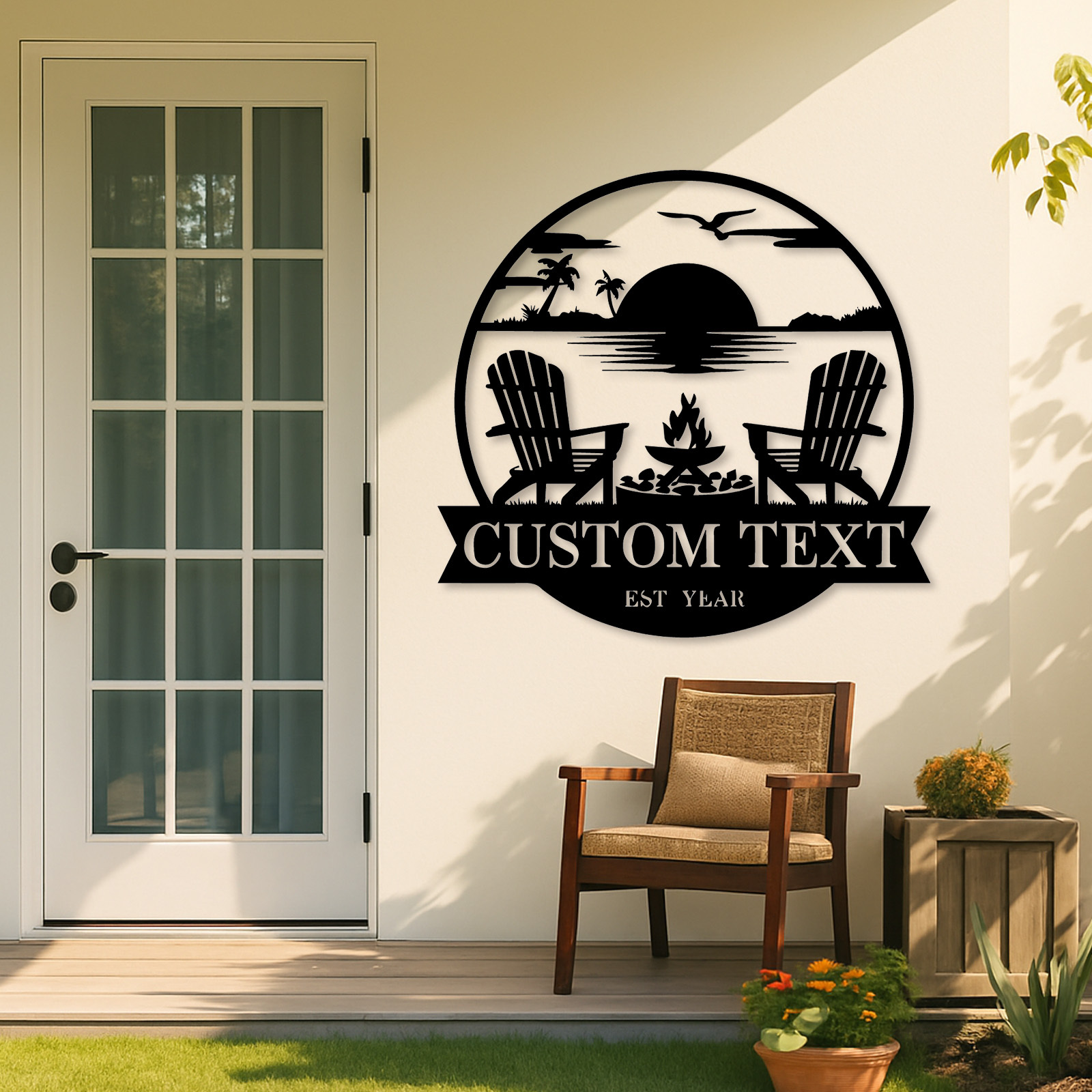 Custom Beach Metal Sign, Personalized Sunset Campfire Wall Art for Backyard, Lake House or Coastal Outdoor Decor