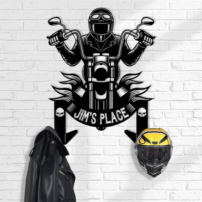 Personalized Motorcycle Helmet Holder Wall Mount, Biker Wall Art with Hooks, Custom Name Metal Rack for Motorcycle Helmet, Coat, Jacket, or Keys