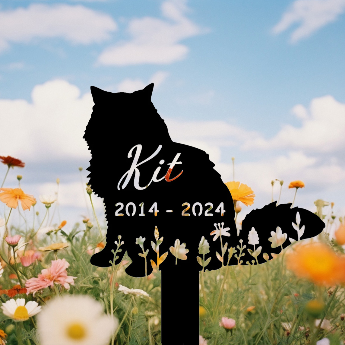 Personalized Metal Cat Grave Marker,Cat Memorial Stake with Flowers,Custom Cat Cemetery Stake