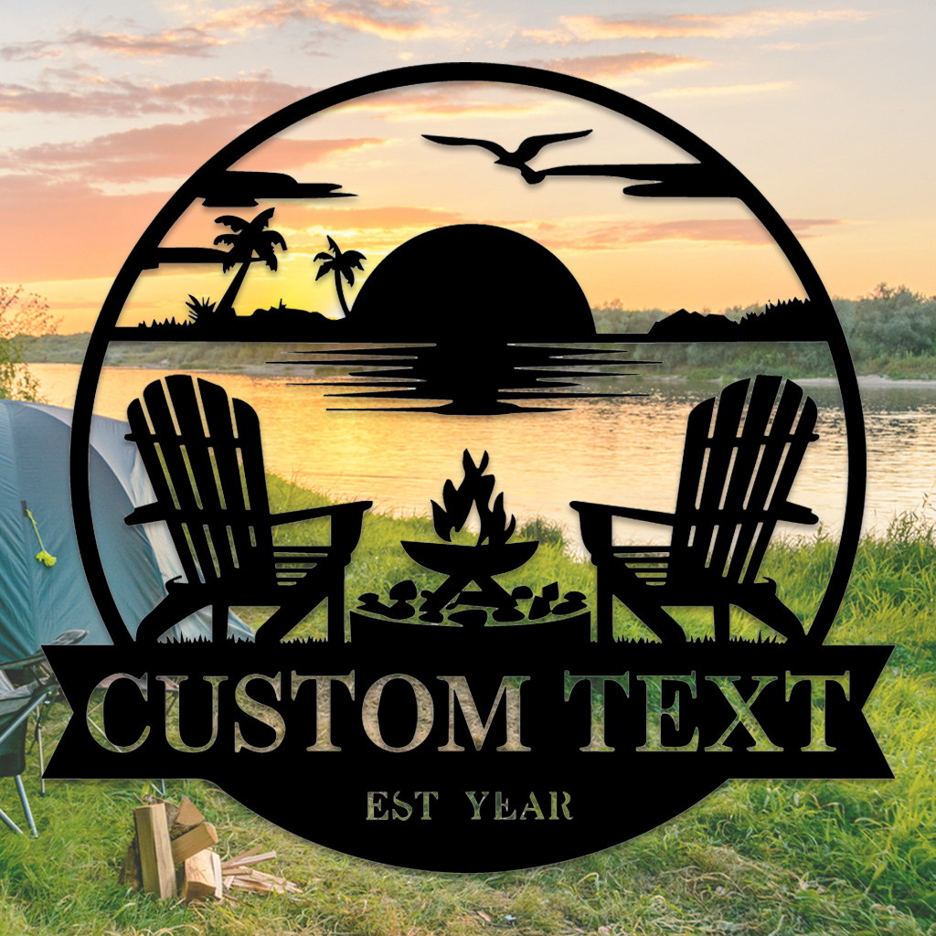 Custom Beach Metal Sign, Personalized Sunset Campfire Wall Art for Backyard, Lake House or Coastal Outdoor Decor