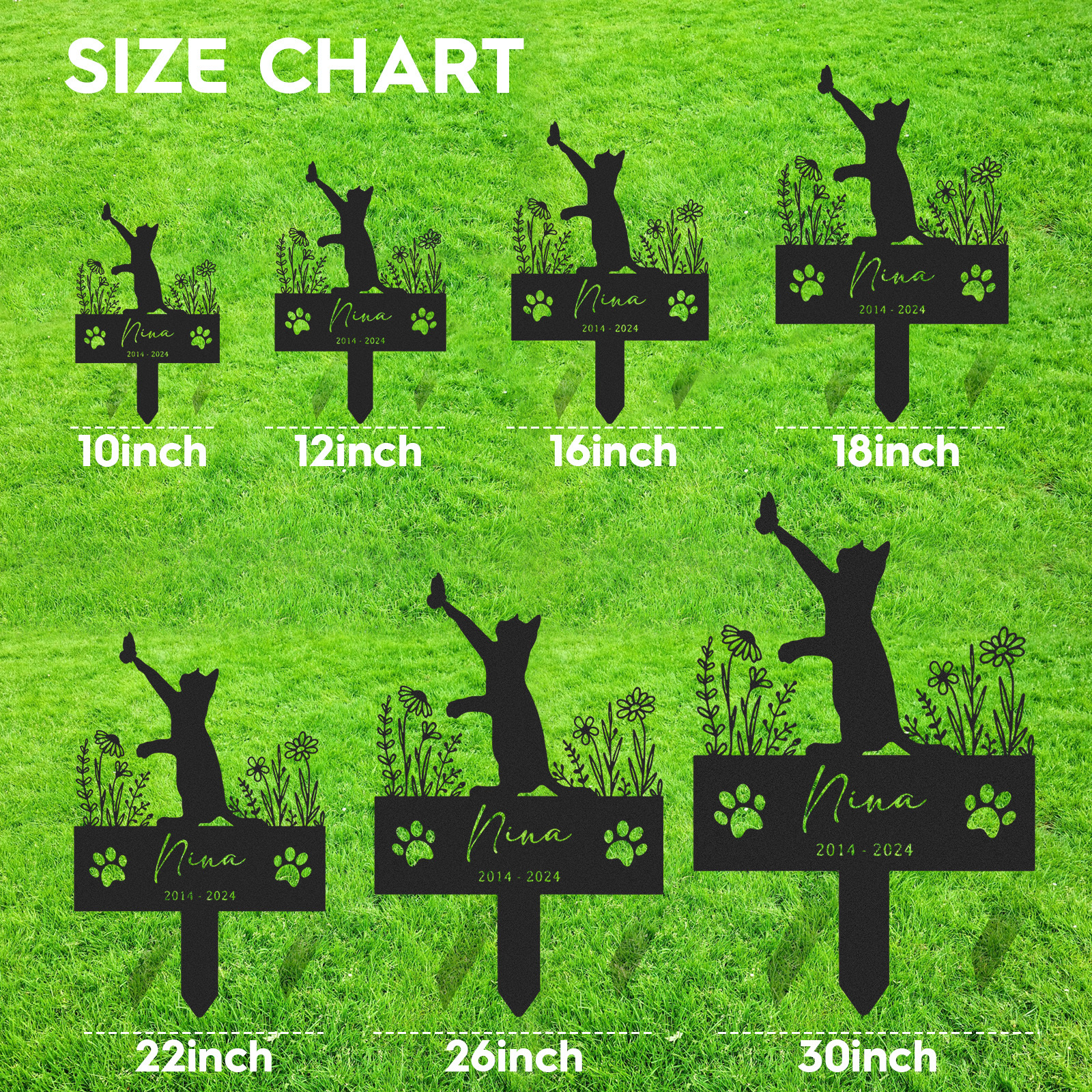 Personalized Metal Cat Stake, Cat Memorial Stake with Flowers, Custom Cat Cemetery Stake