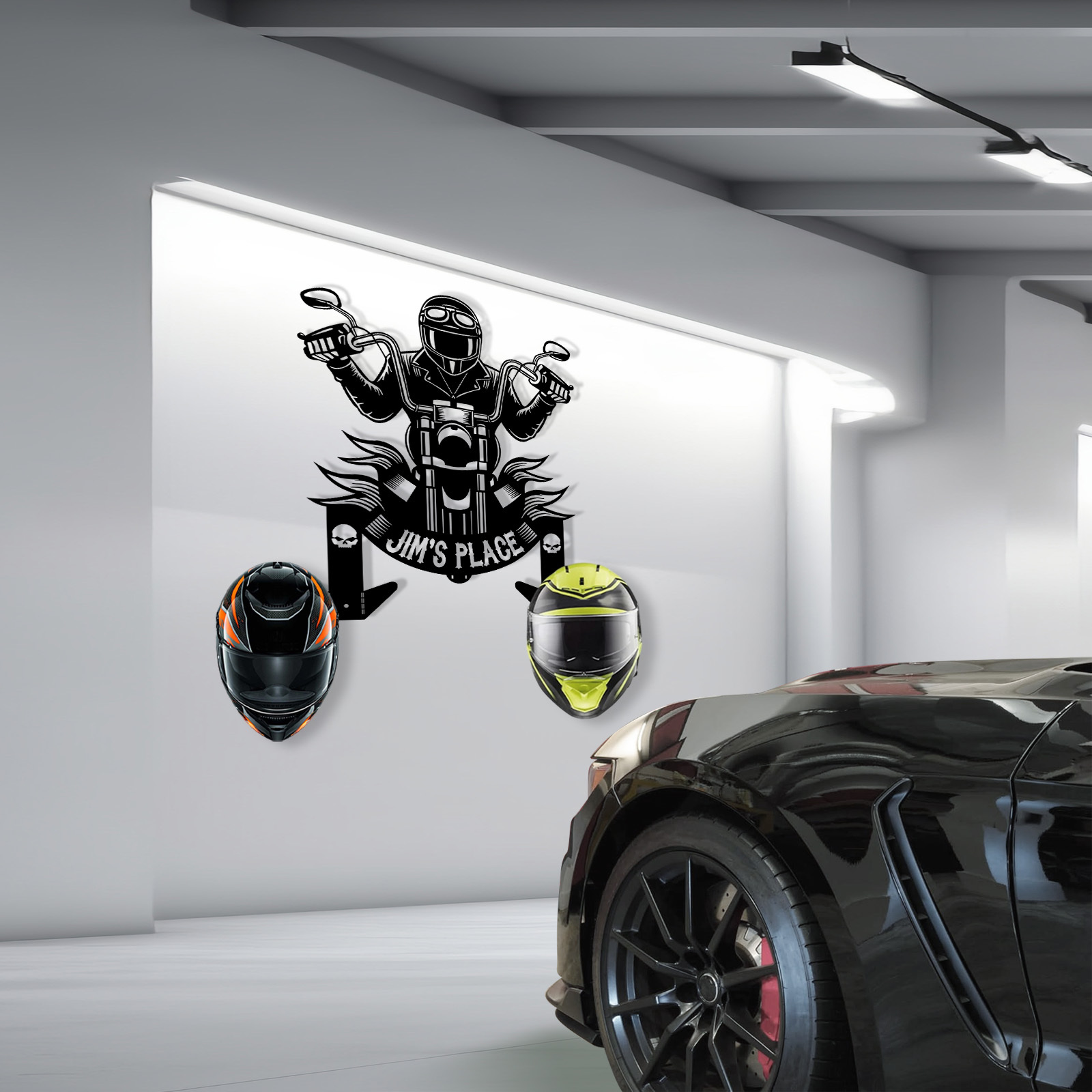 Personalized Motorcycle Helmet Holder Wall Mount, Biker Wall Art with Hooks, Custom Name Metal Rack for Motorcycle Helmet, Coat, Jacket, or Keys