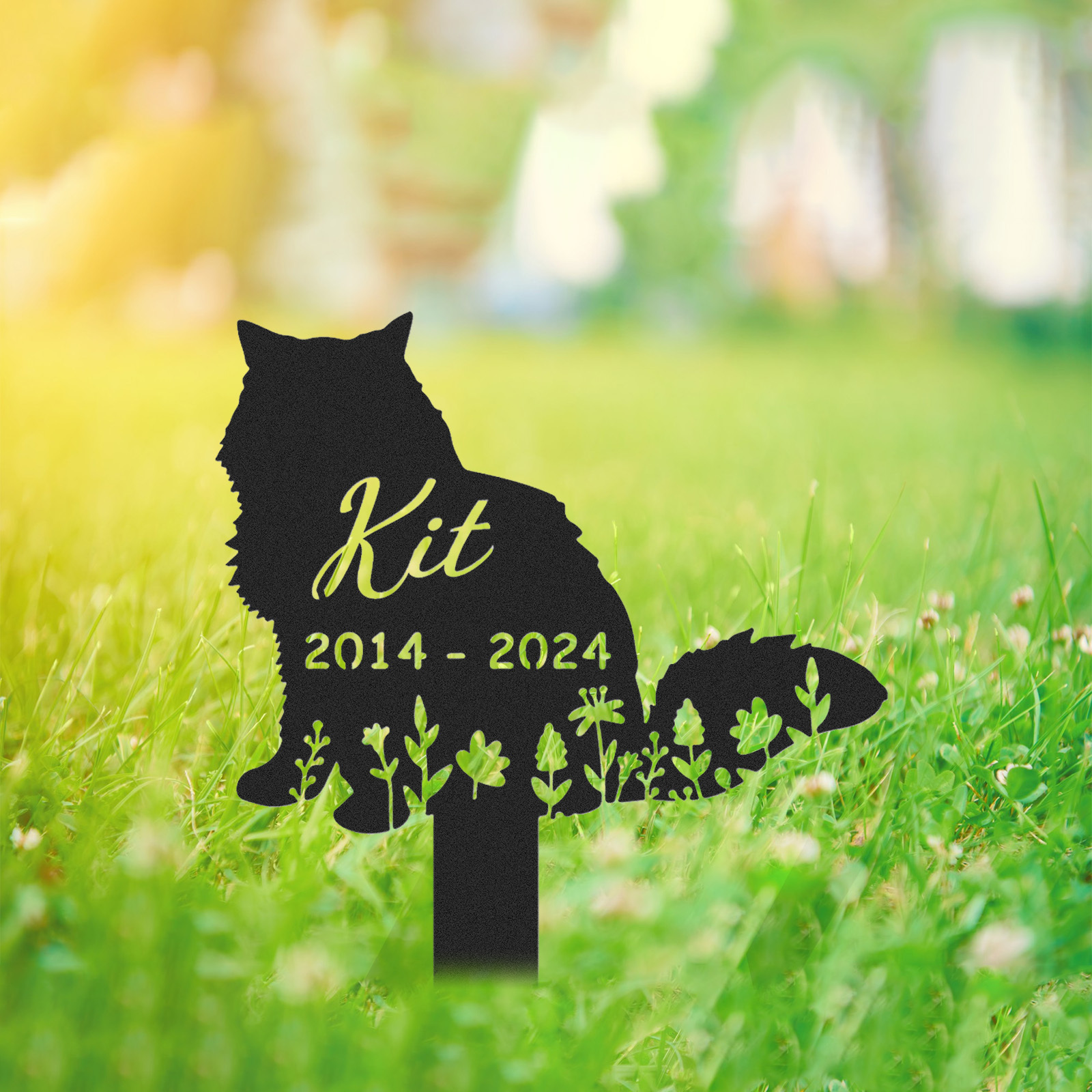 Personalized Metal Cat Grave Marker,Cat Memorial Stake with Flowers,Custom Cat Cemetery Stake