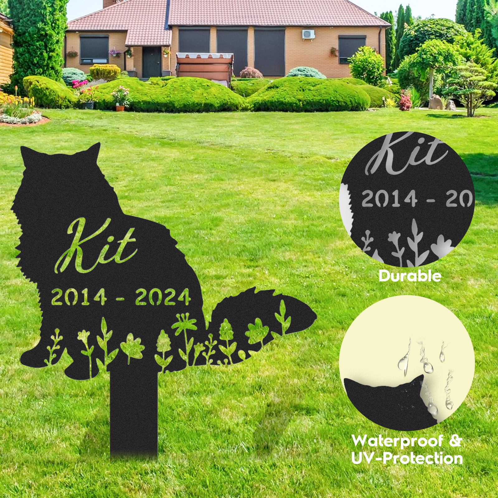 Personalized Metal Cat Grave Marker,Cat Memorial Stake with Flowers,Custom Cat Cemetery Stake