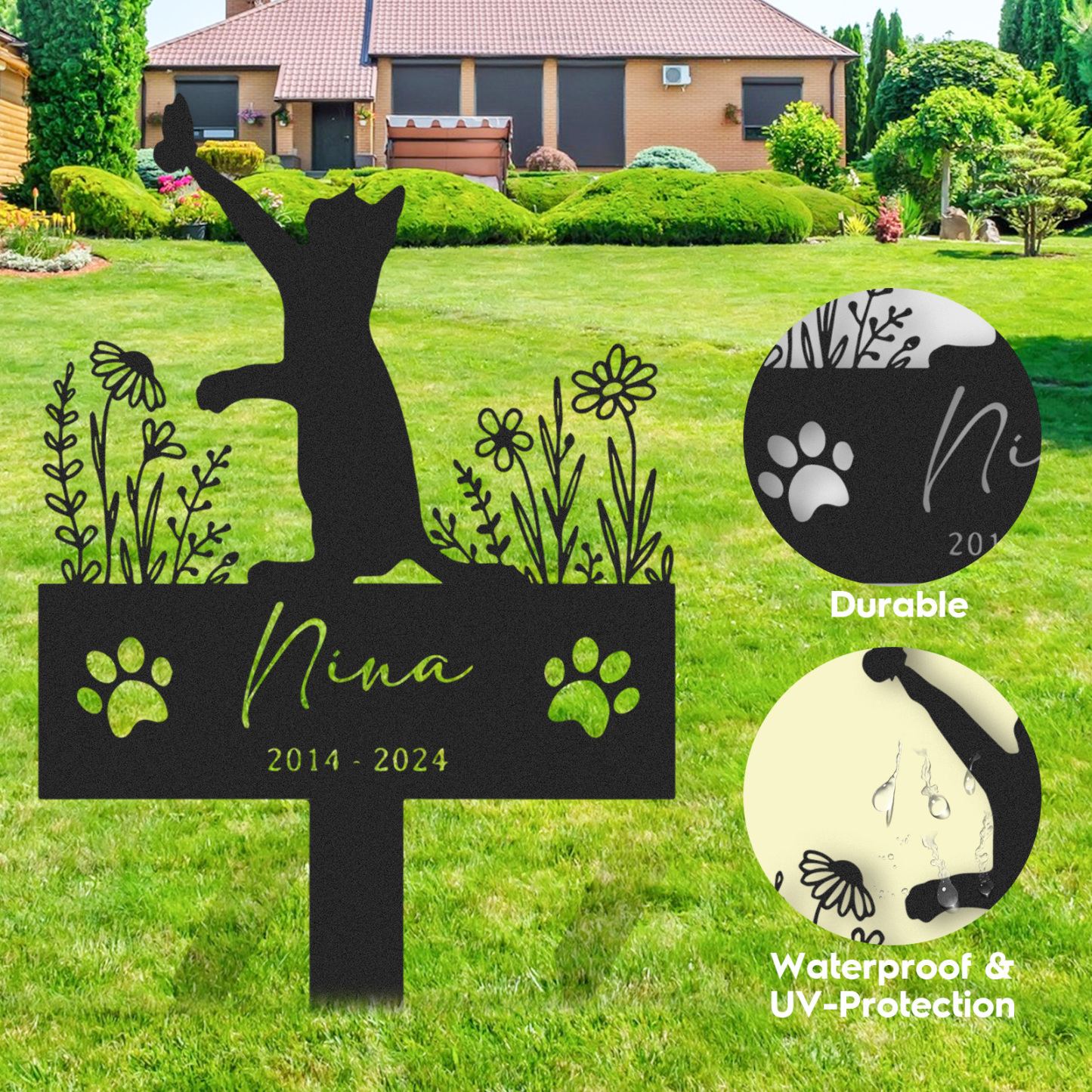 Personalized Metal Cat Stake, Cat Memorial Stake with Flowers, Custom Cat Cemetery Stake