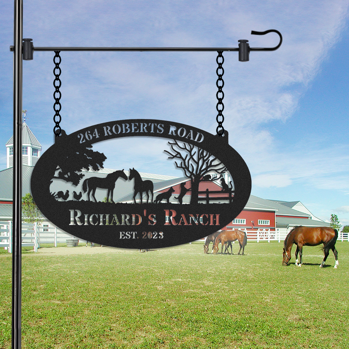 Personalized Ranch Metal Sign with Horses and Farm Animals, Custom Oval Farmhouse Entrance Sign, Outdoor Ranch Decor, Established Year Gift for Farmers
