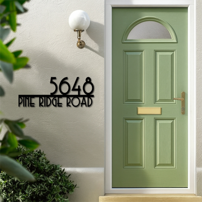 Mid Century Modern Metal House Number Sign, Retro Style Address Plaque with Street Name, Custom MCM House Number Wall Decor