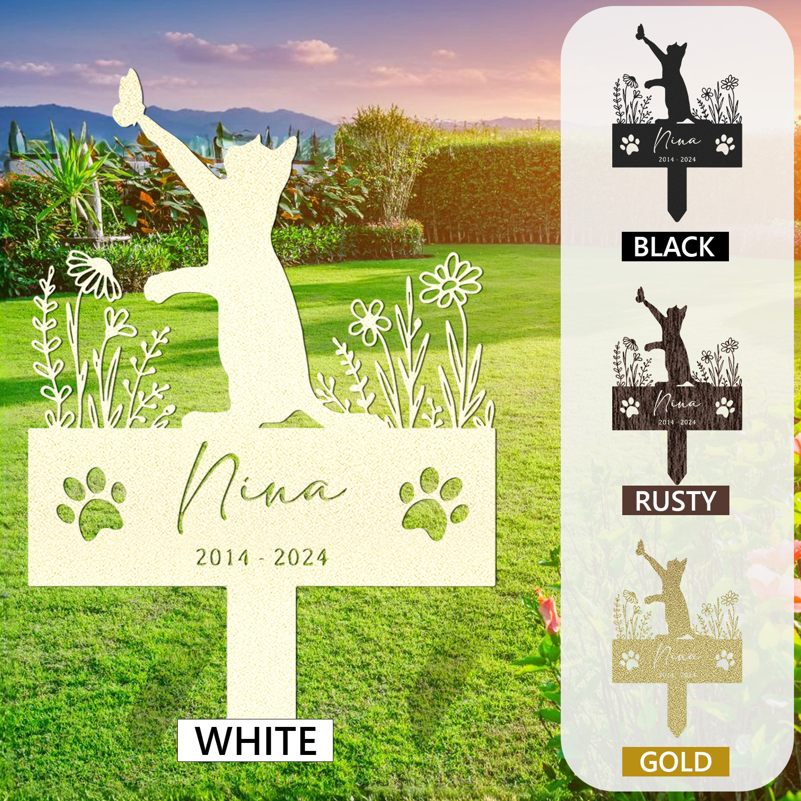 Personalized Metal Cat Stake, Cat Memorial Stake with Flowers, Custom Cat Cemetery Stake
