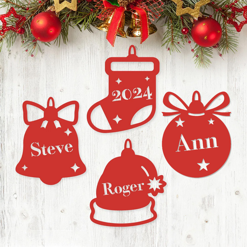 Commemorative Christmas Ornament Monogram, Personalized Metal Ornament Set with Custom Names (4 Pack)