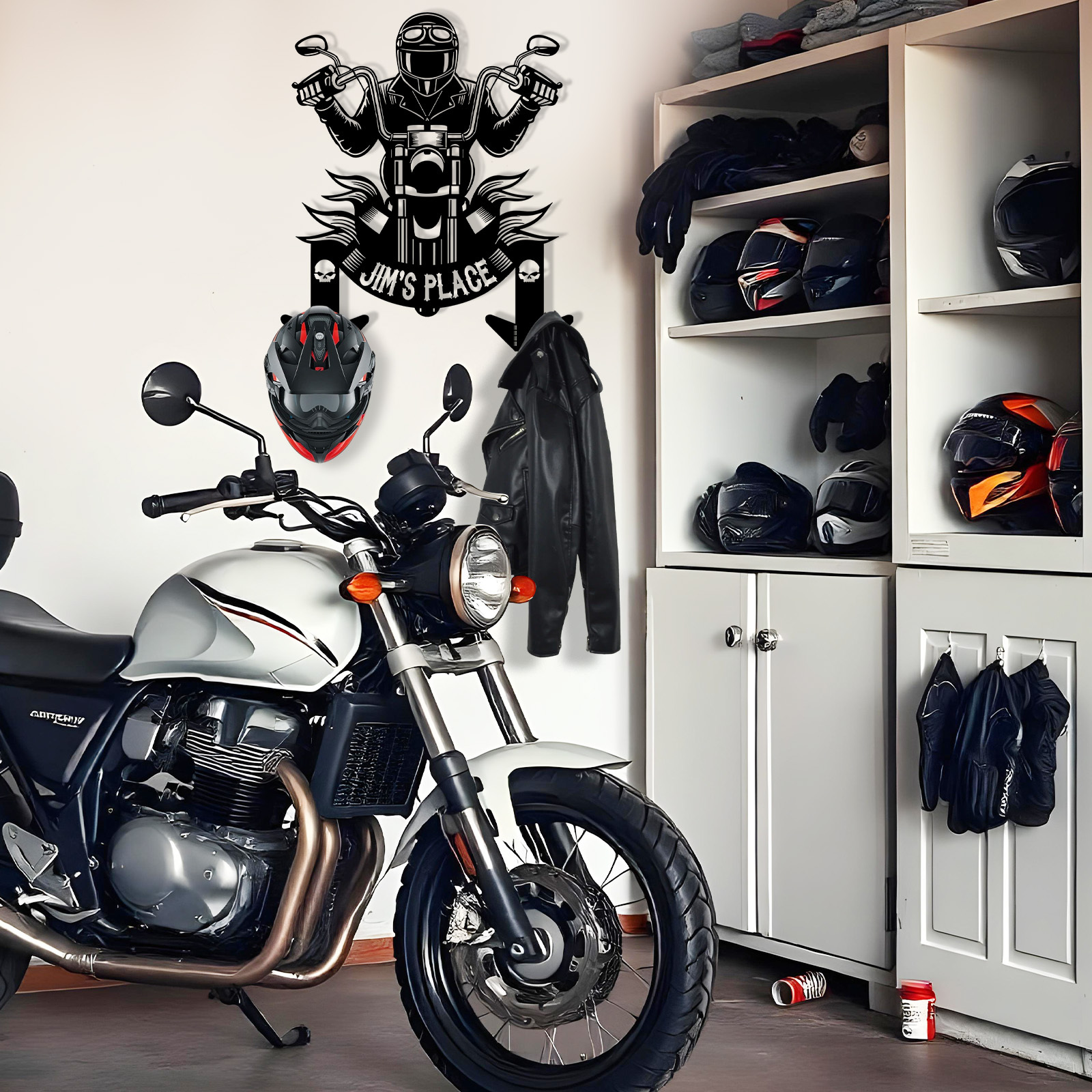 Personalized Motorcycle Helmet Holder Wall Mount, Biker Wall Art with Hooks, Custom Name Metal Rack for Motorcycle Helmet, Coat, Jacket, or Keys