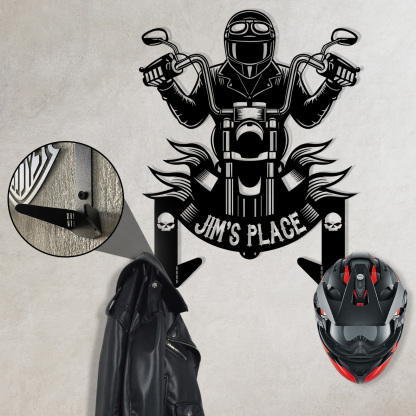 Personalized Motorcycle Helmet Holder Wall Mount, Biker Wall Art with Hooks, Custom Name Metal Rack for Motorcycle Helmet, Coat, Jacket, or Keys