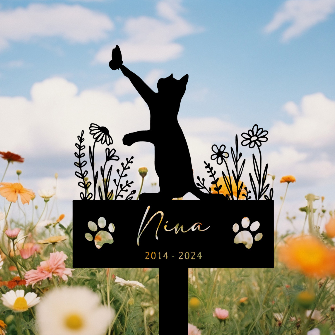 Personalized Metal Cat Stake, Cat Memorial Stake with Flowers, Custom Cat Cemetery Stake