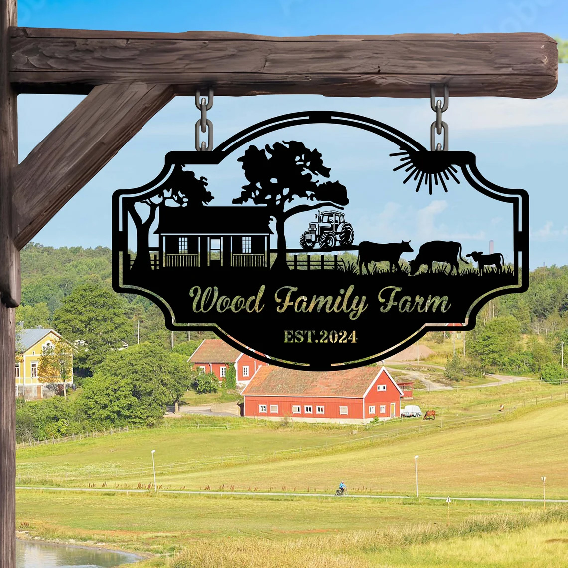 Personalized Farm Metal Sign with Tractor and Cattle Scene, Custom Family Ranch Entrance Sign, Rustic Barn Decor, Established Year Gift for Farmers