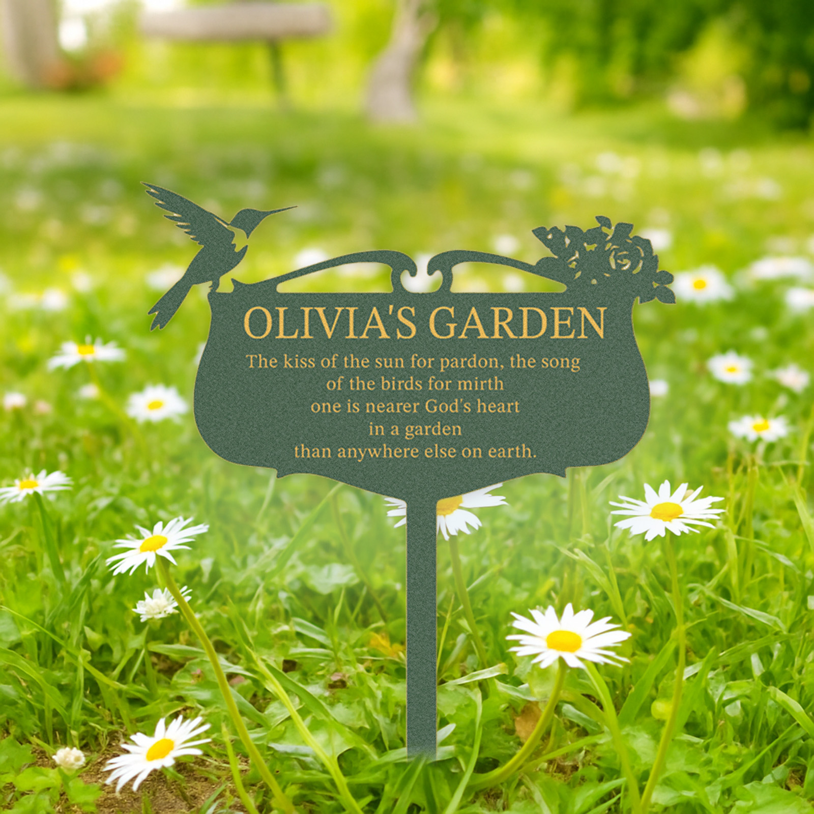 Personalized Garden Sign with Quote and Hummingbird, Custom Metal Garden Plaque, Elegant Floral Yard Stake, Garden Memorial Sign for Outdoor Decor