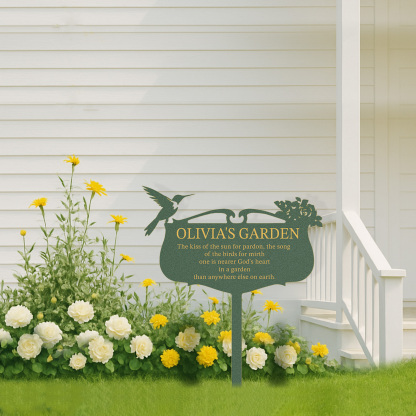 Personalized Garden Sign with Quote and Hummingbird, Custom Metal Garden Plaque, Elegant Floral Yard Stake, Garden Memorial Sign for Outdoor Decor
