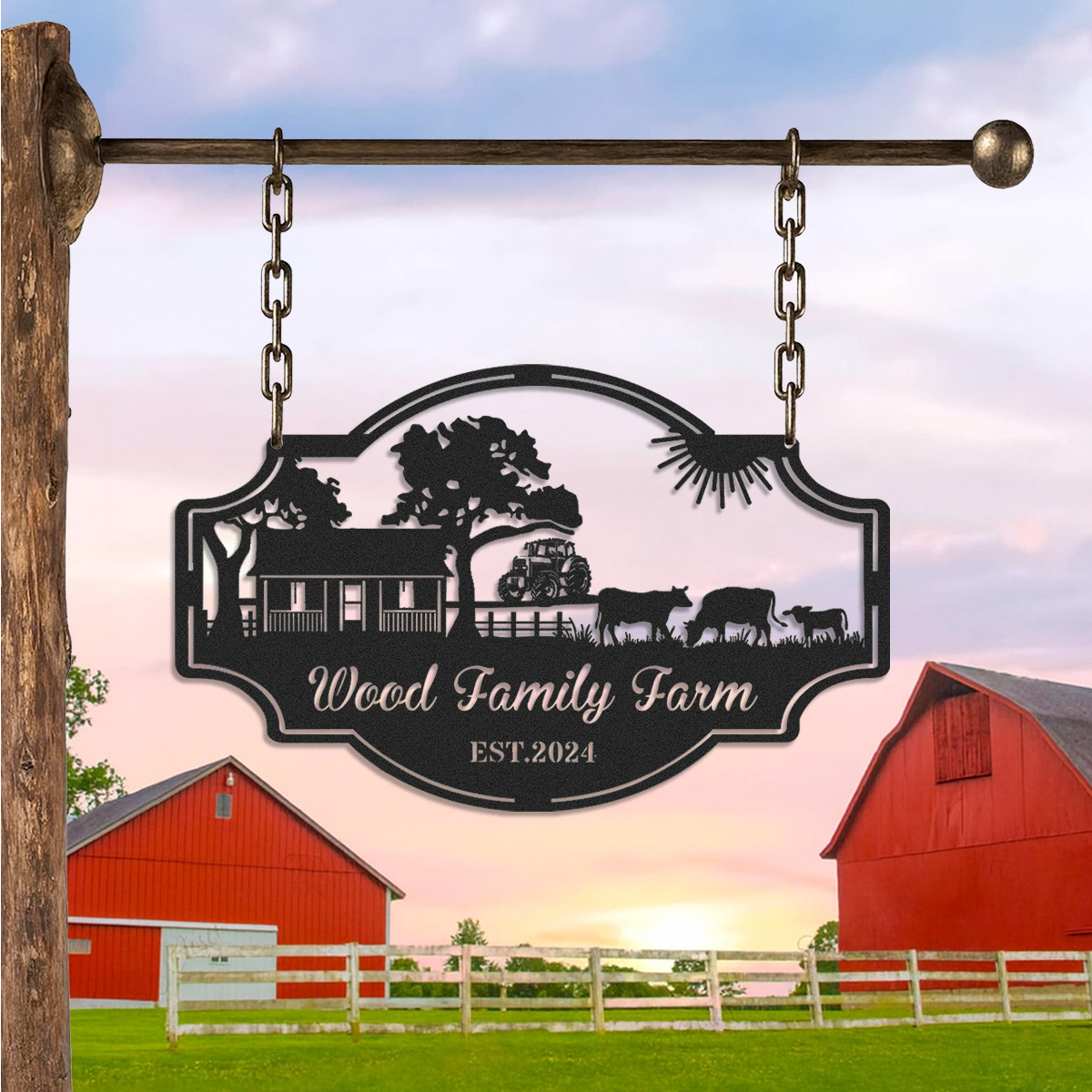 Personalized Farm Metal Sign with Tractor and Cattle Scene, Custom Family Ranch Entrance Sign, Rustic Barn Decor, Established Year Gift for Farmers
