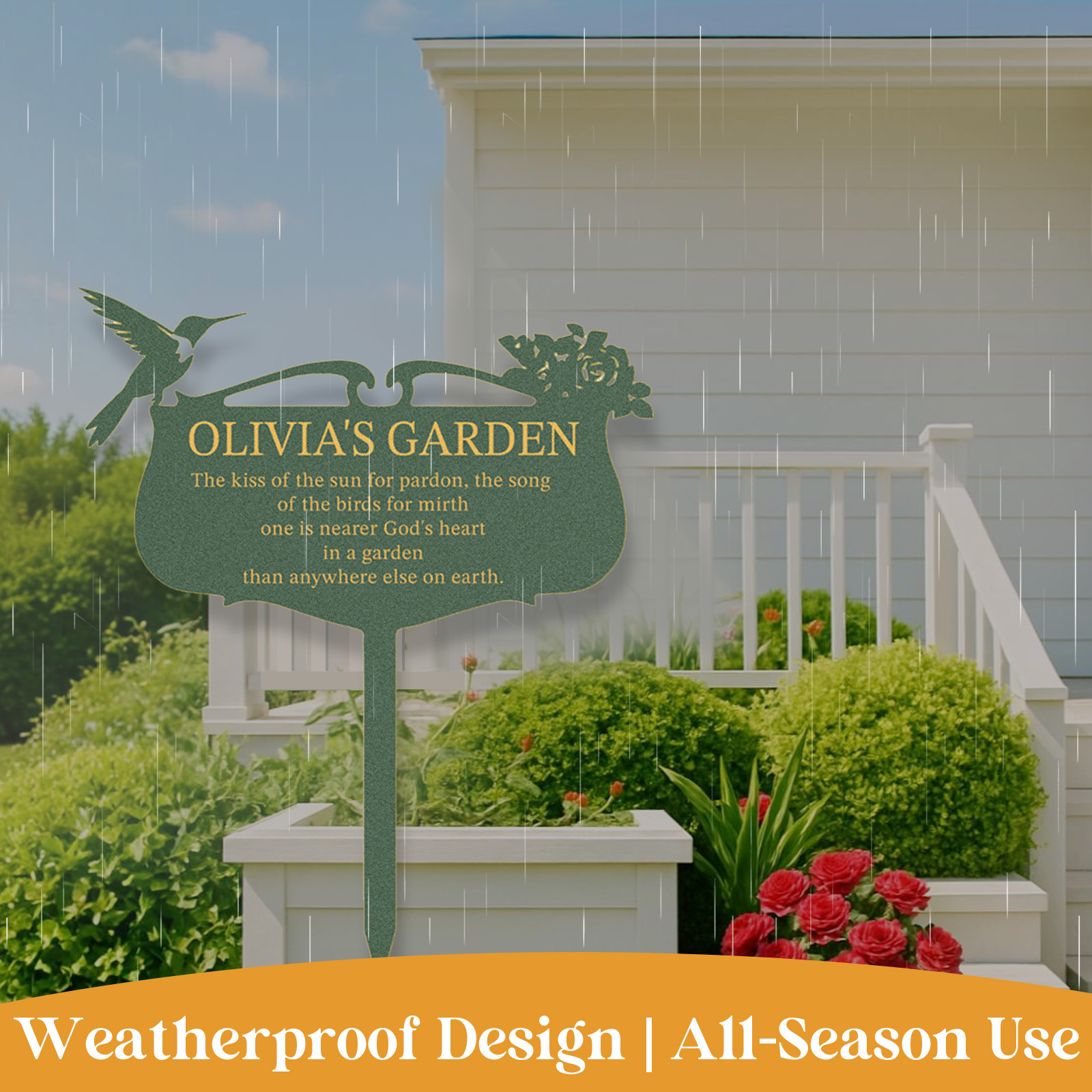 Personalized Garden Sign with Quote and Hummingbird, Custom Metal Garden Plaque, Elegant Floral Yard Stake, Garden Memorial Sign for Outdoor Decor