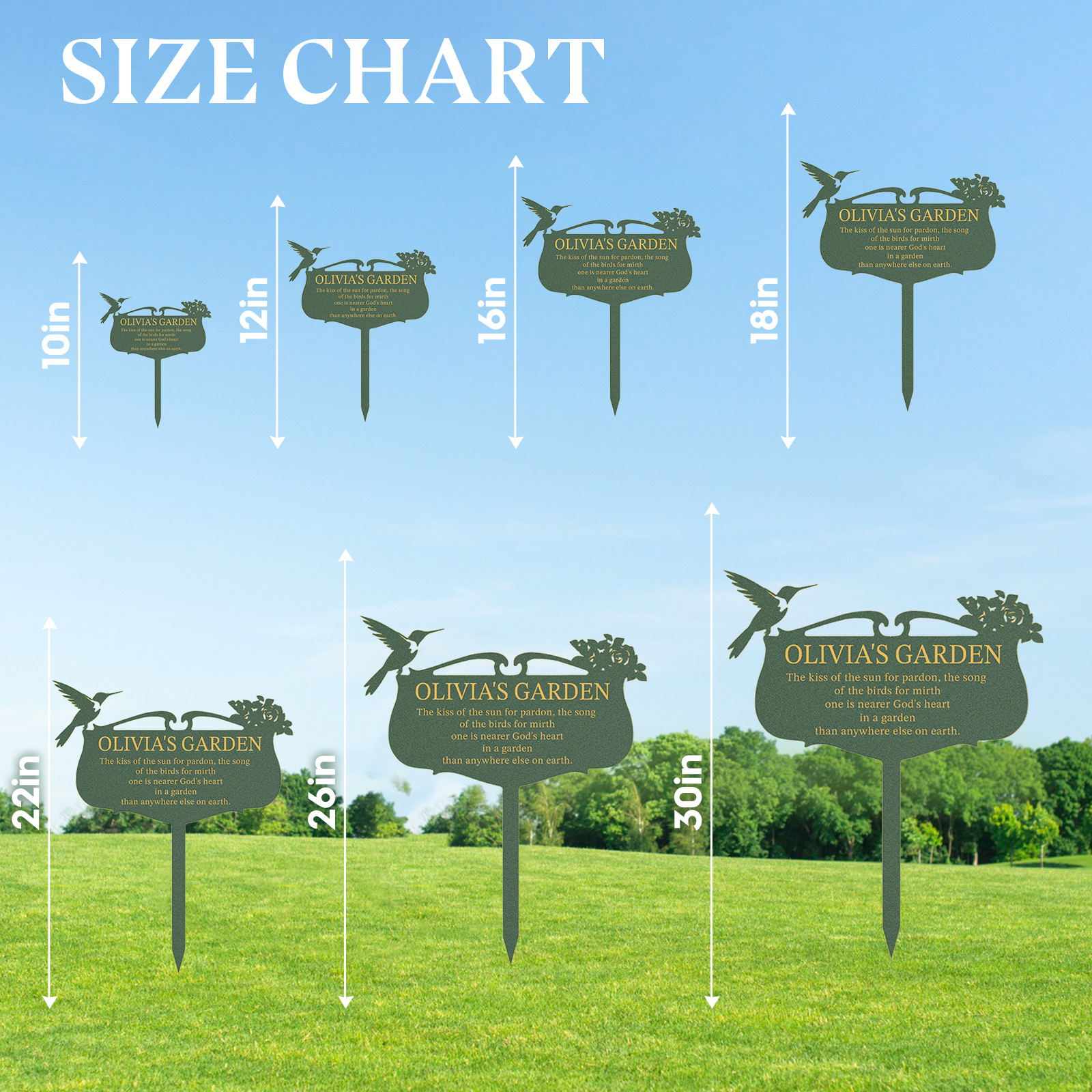 Personalized Garden Sign with Quote and Hummingbird, Custom Metal Garden Plaque, Elegant Floral Yard Stake, Garden Memorial Sign for Outdoor Decor