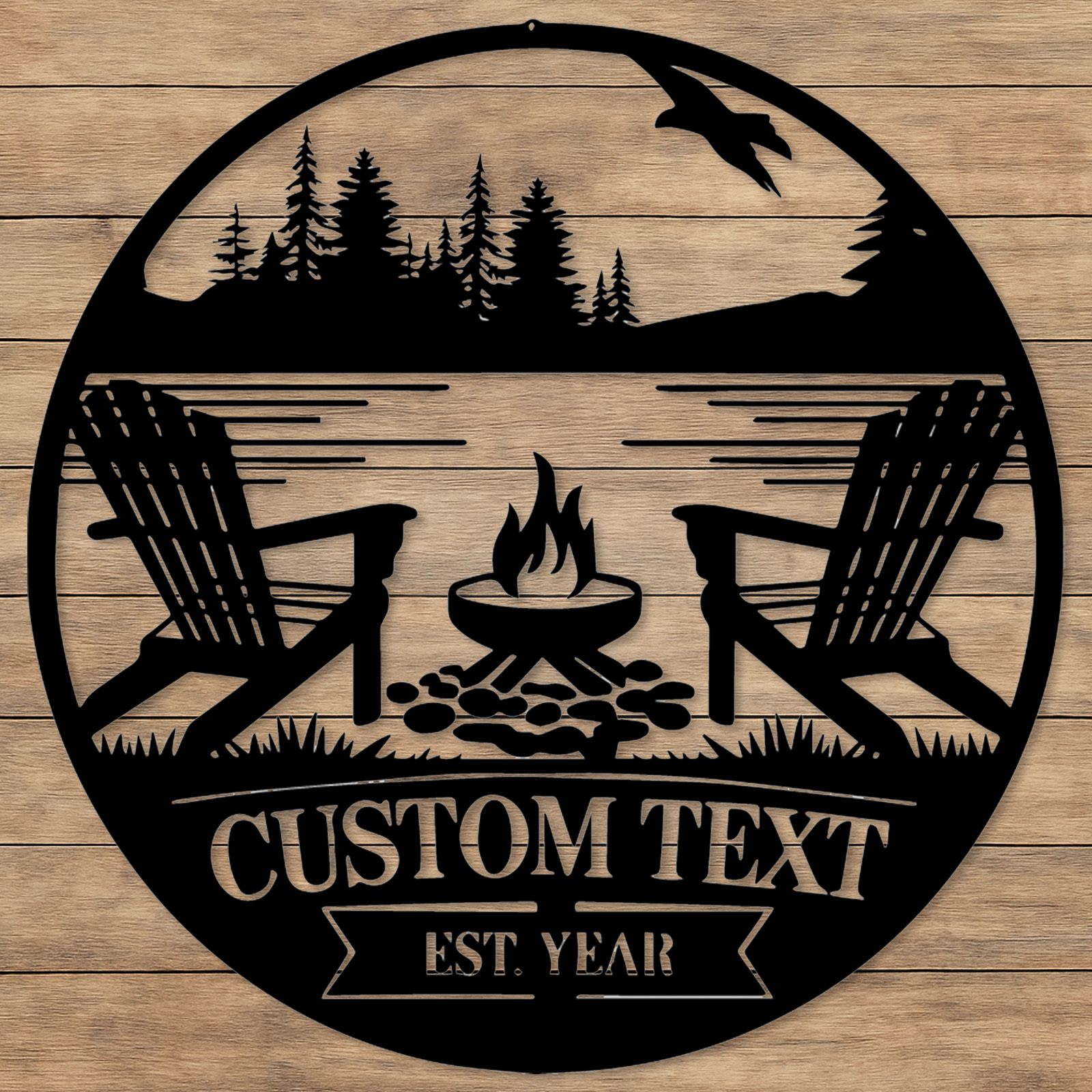 Custom Lakehouse Campfire Metal Sign, Personalized Forest Chair and Firepit Wall Art for Cabin, Backyard, or Porch Outdoor Decor