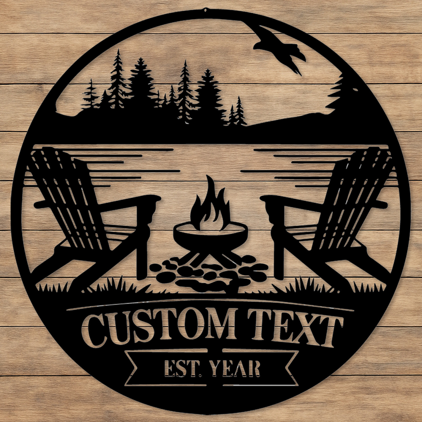 Custom Lakehouse Campfire Metal Sign, Personalized Forest Chair and Firepit Wall Art for Cabin, Backyard, or Porch Outdoor Decor