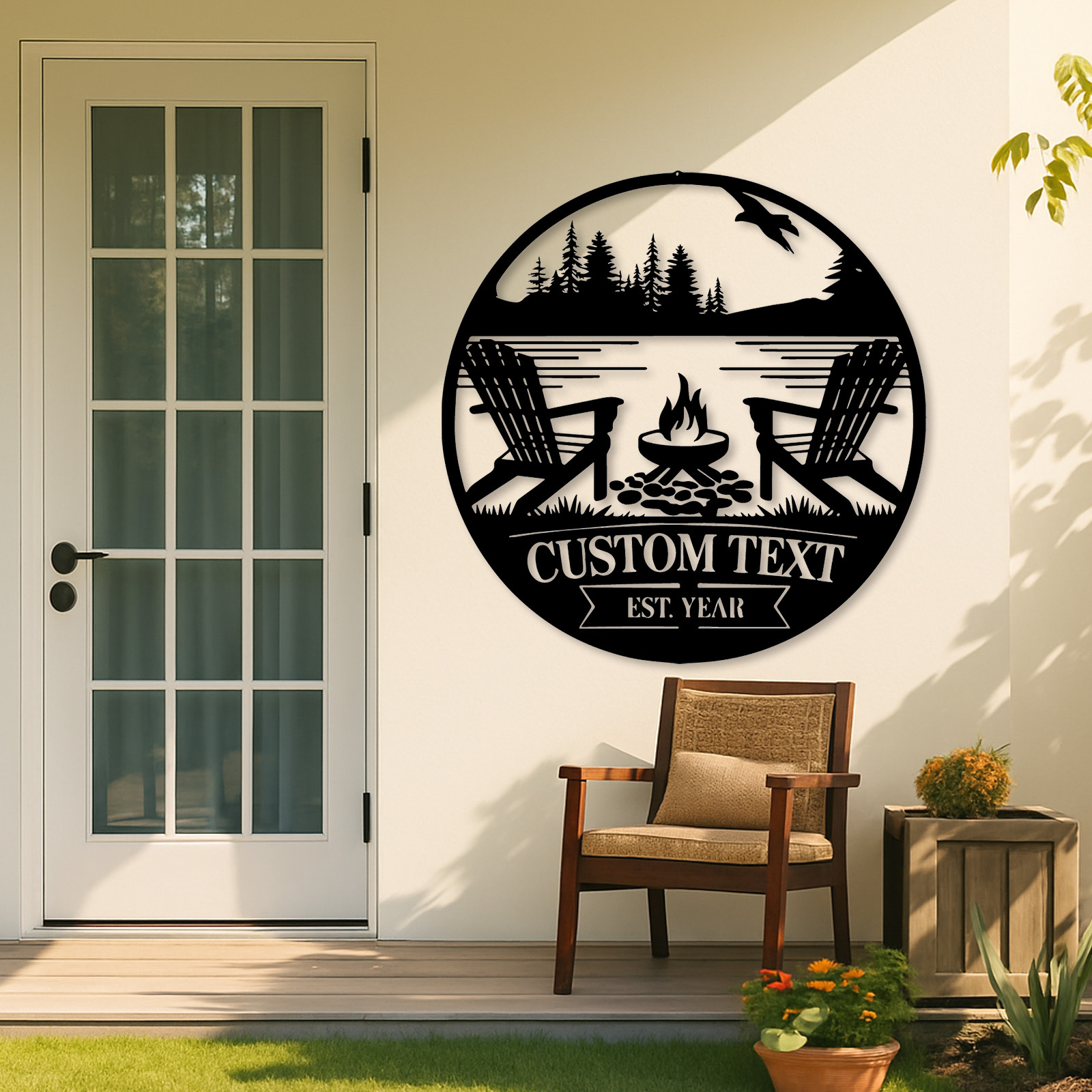 Custom Lakehouse Campfire Metal Sign, Personalized Forest Chair and Firepit Wall Art for Cabin, Backyard, or Porch Outdoor Decor