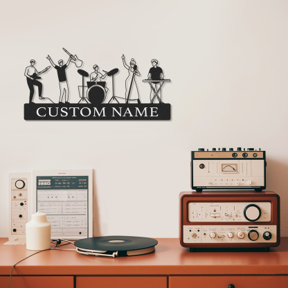 Custom Name Music Wall Sign with Full Band Figures, Personalized Metal Art for Musicians and Recording Rooms