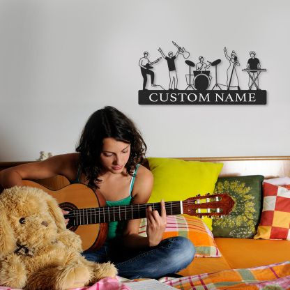 Custom Name Music Wall Sign with Full Band Figures, Personalized Metal Art for Musicians and Recording Rooms