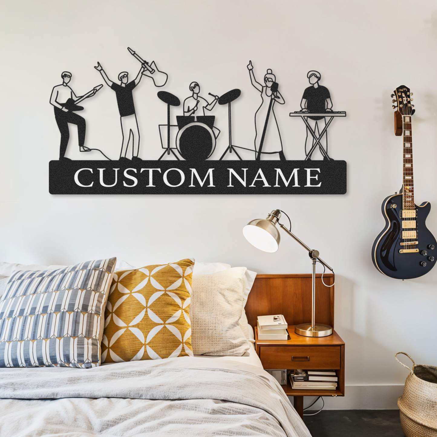 Custom Name Music Wall Sign with Full Band Figures, Personalized Metal Art for Musicians and Recording Rooms