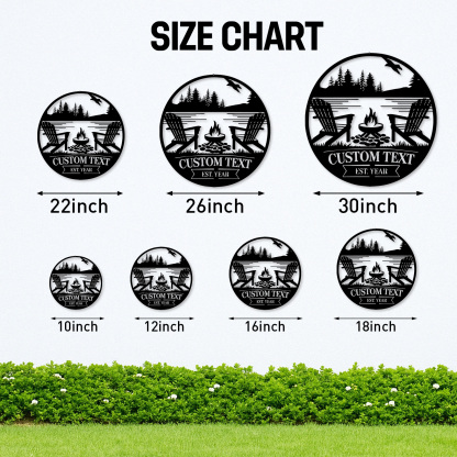 Custom Lakehouse Campfire Metal Sign, Personalized Forest Chair and Firepit Wall Art for Cabin, Backyard, or Porch Outdoor Decor