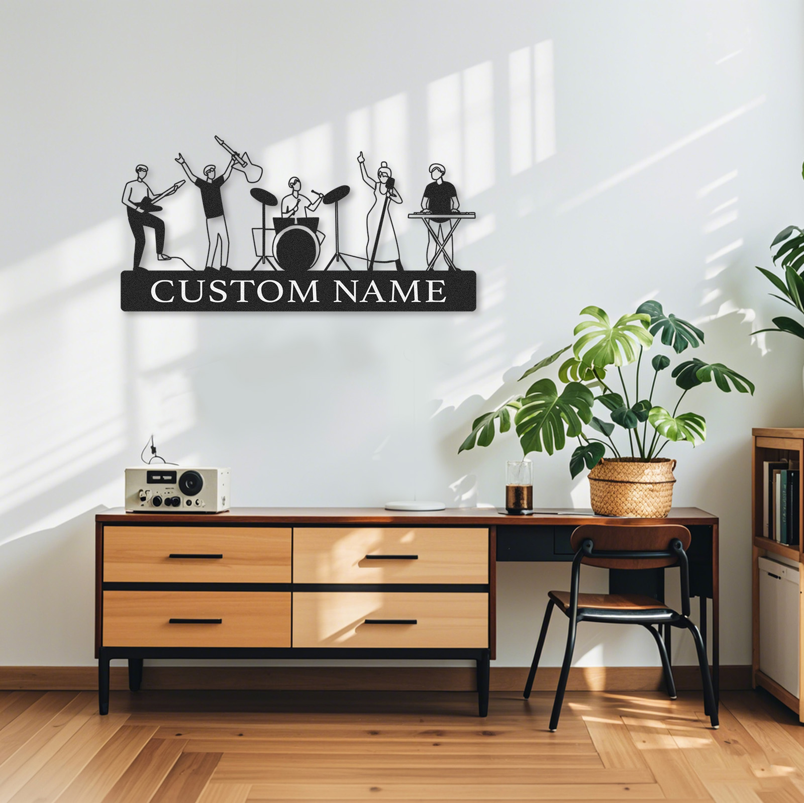 Custom Name Music Wall Sign with Full Band Figures, Personalized Metal Art for Musicians and Recording Rooms