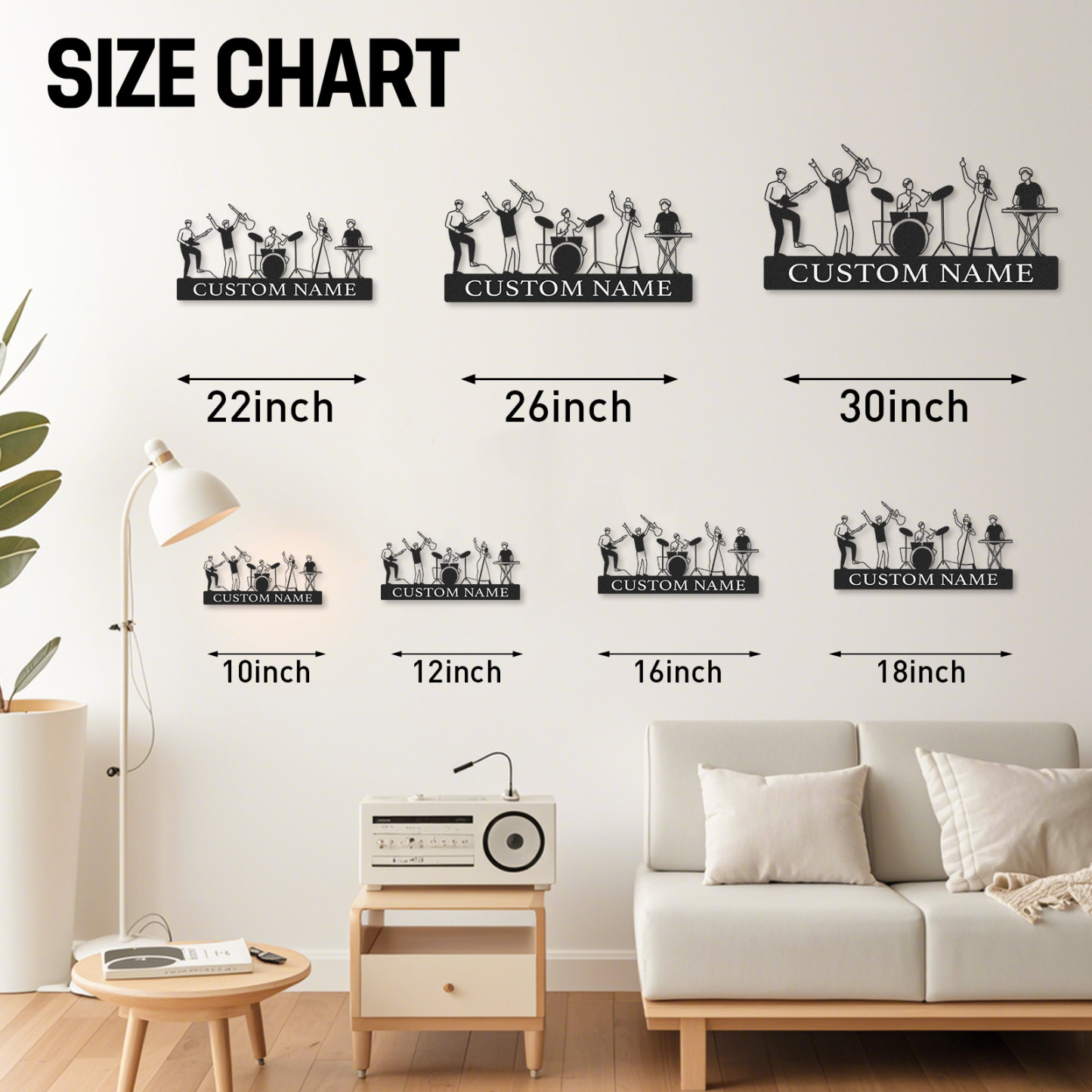 Custom Name Music Wall Sign with Full Band Figures, Personalized Metal Art for Musicians and Recording Rooms