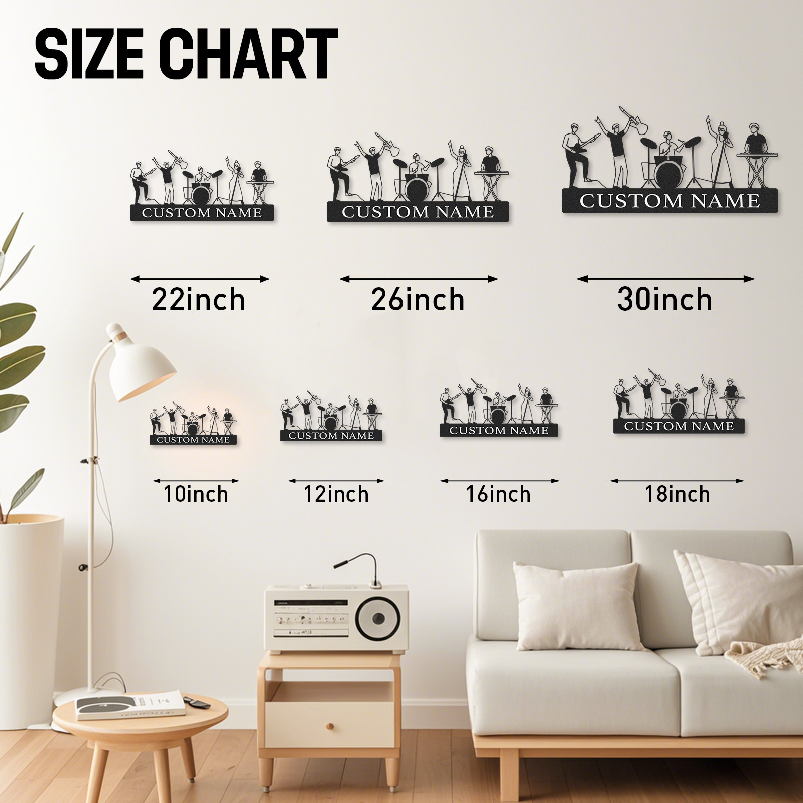 Custom Name Music Wall Sign with Full Band Figures, Personalized Metal Art for Musicians and Recording Rooms