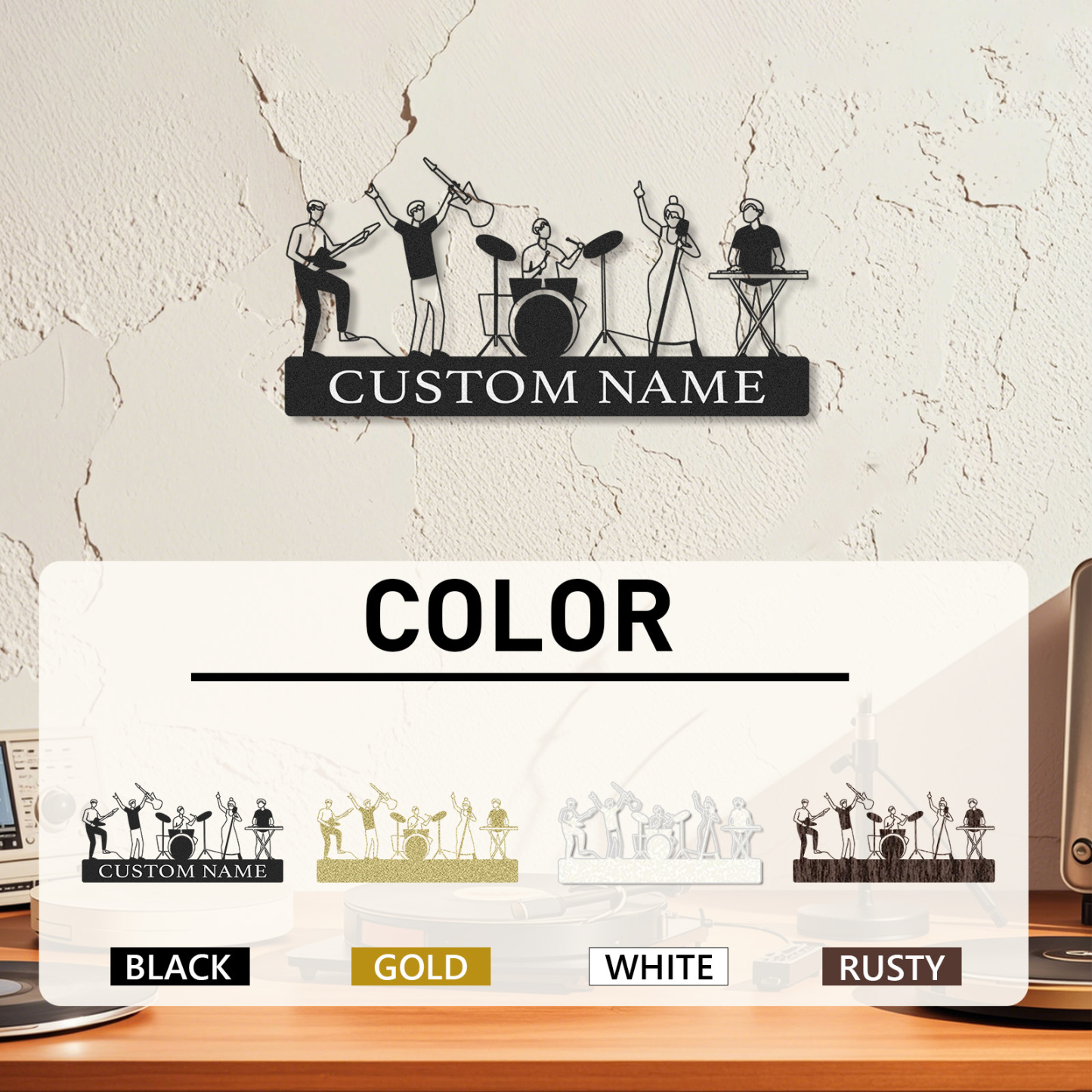 Custom Name Music Wall Sign with Full Band Figures, Personalized Metal Art for Musicians and Recording Rooms