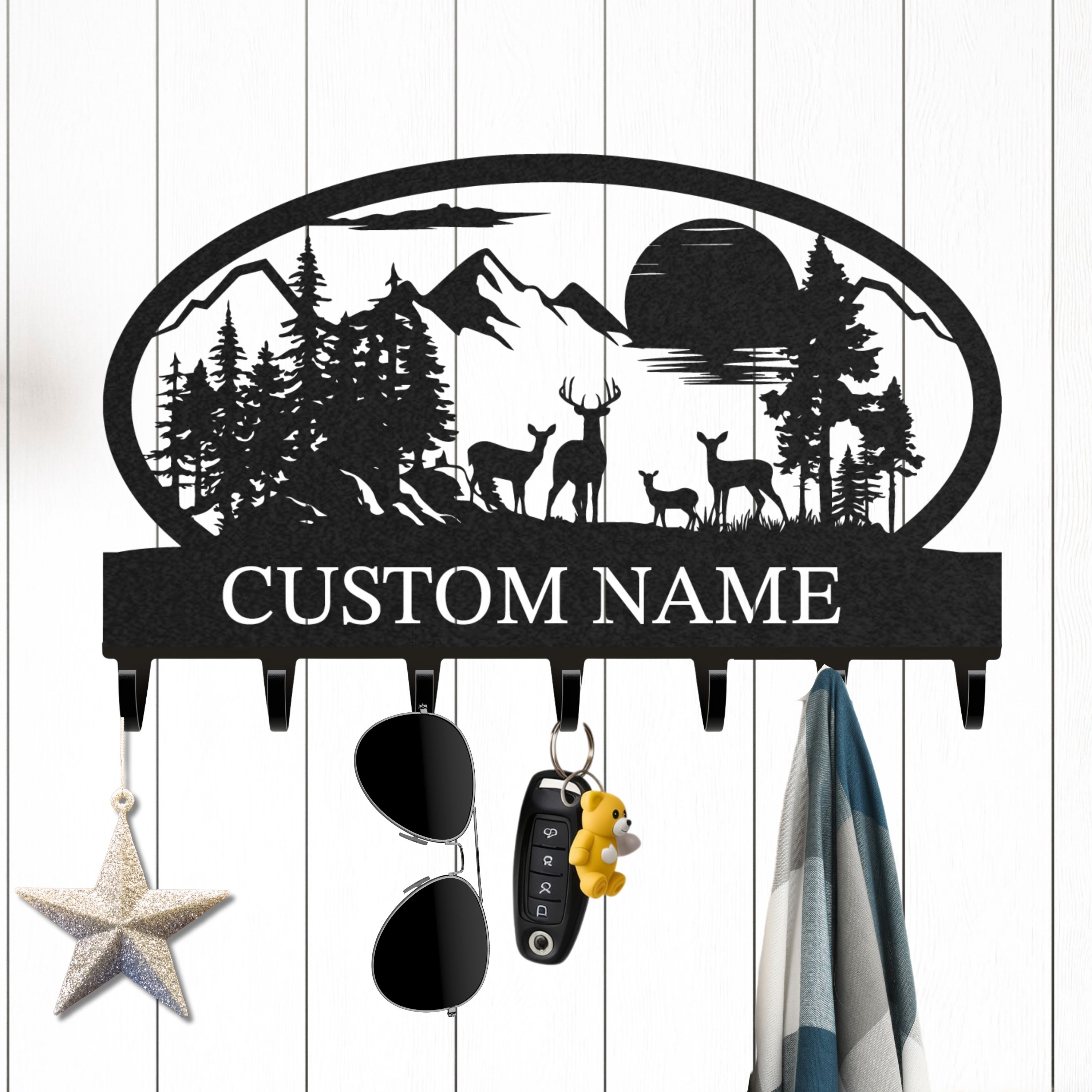 Personalized Key Holder for Wall, Custom Metal Deer Cabin Key Hooks with Name, Metal Jacket Holder Hooks Organizer Rack, Coat Hanger Decor for Kitchen, Entryway, Hallway, Office, Doorway