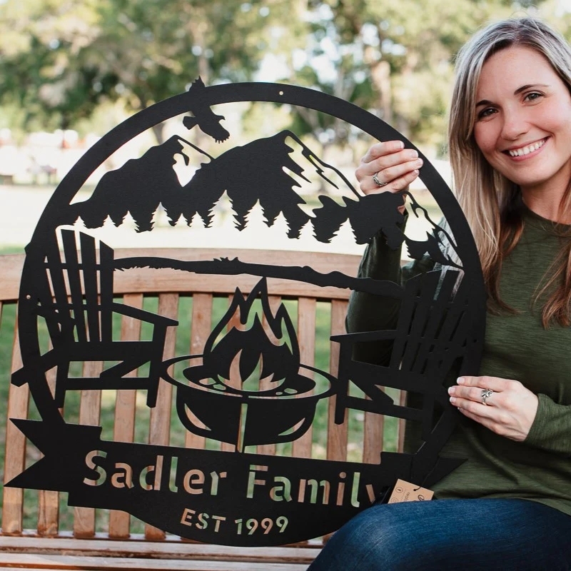 Custom Mountain Firepit Metal Sign, Personalized Two-Line Cabin Wall Art with Chairs and Scenic Peak View, Outdoor Decor for Lake or Lodge