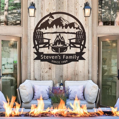 Custom Campfire Monogram Metal Sign, Personalized Two-Line Cabin Wall Art with Chairs and Scenic Peak View, Outdoor Decor for Lake or Lodge