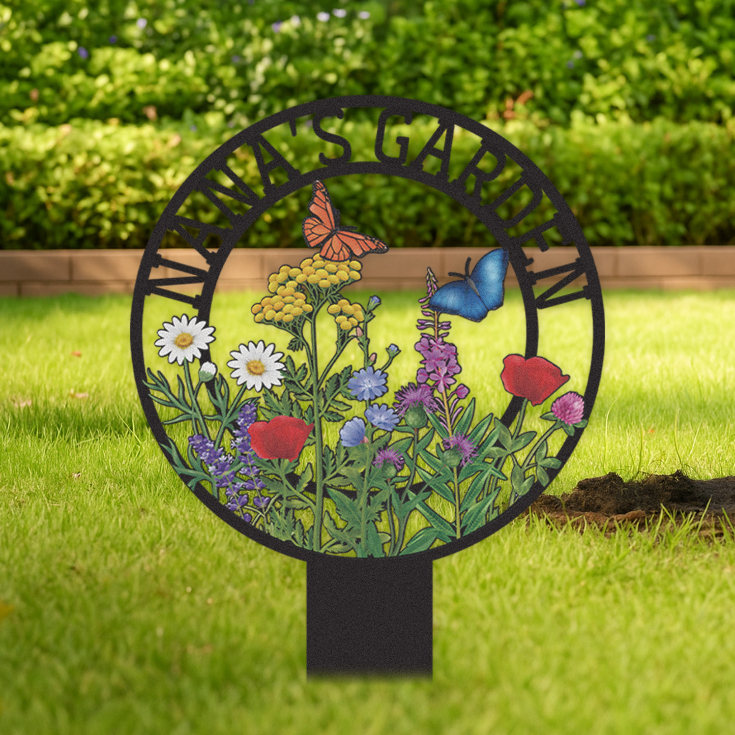 Personalized Garden Sign for Nana, Custom Metal Round Garden Stake with Wildflowers and Butterflies, Colorful Yard Sign for Outdoor Decor and Grandma’s Garden Gift