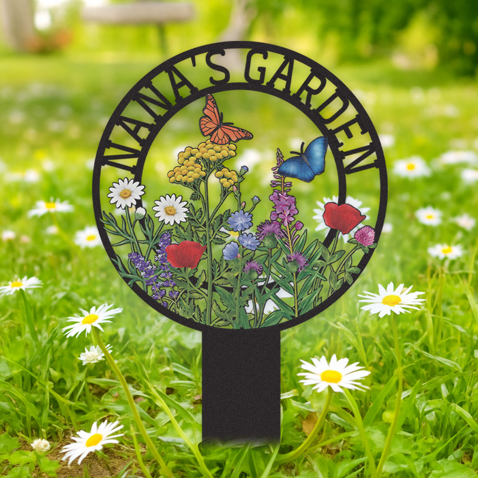 Personalized Garden Sign for Nana, Custom Metal Round Garden Stake with Wildflowers and Butterflies, Colorful Yard Sign for Outdoor Decor and Grandma’s Garden Gift