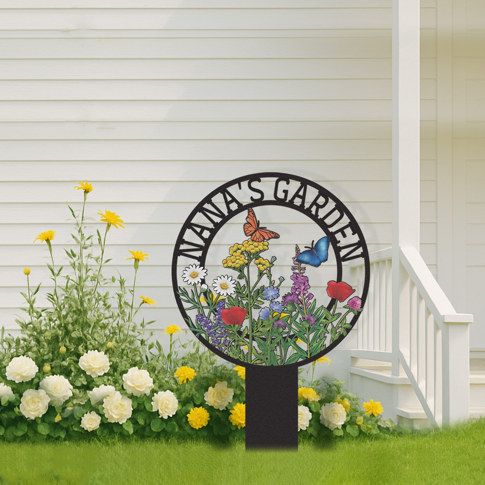 Personalized Garden Sign for Nana, Custom Metal Round Garden Stake with Wildflowers and Butterflies, Colorful Yard Sign for Outdoor Decor and Grandma’s Garden Gift