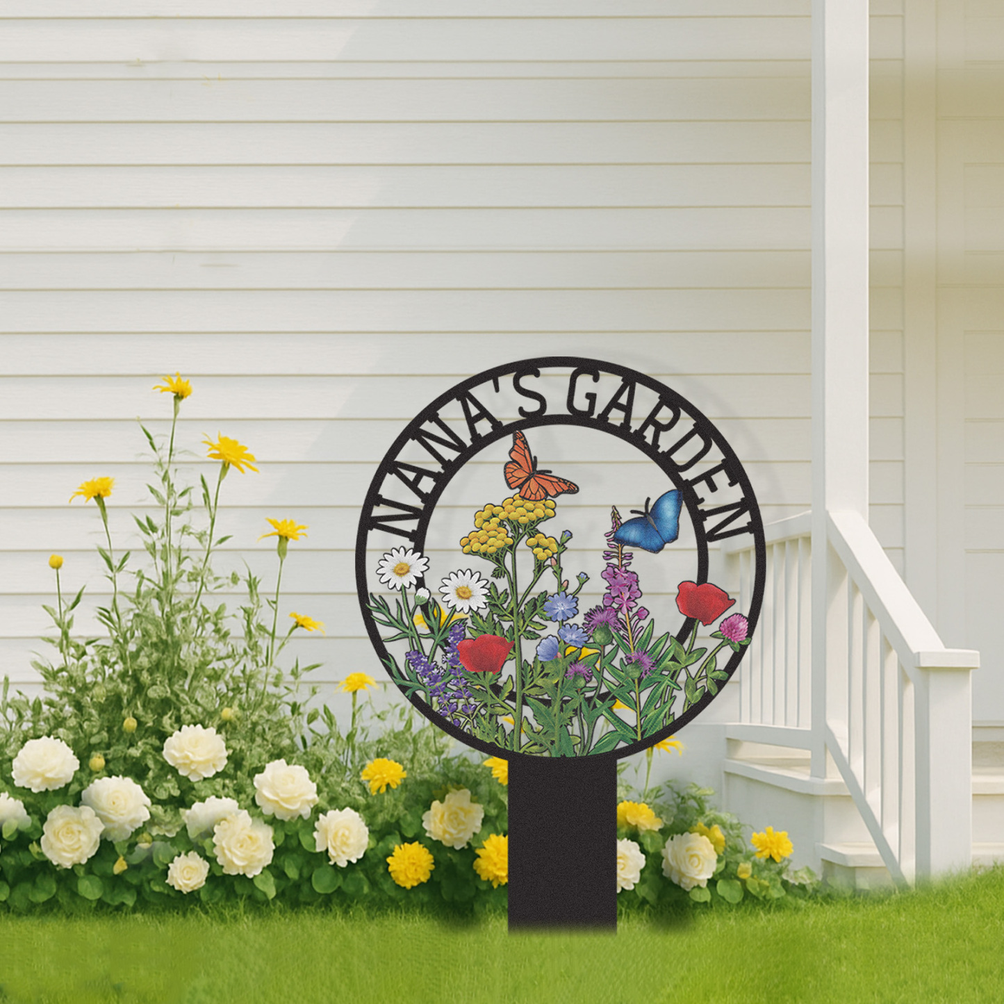 Personalized Garden Sign for Nana, Custom Metal Round Garden Stake with Wildflowers and Butterflies, Colorful Yard Sign for Outdoor Decor and Grandma’s Garden Gift