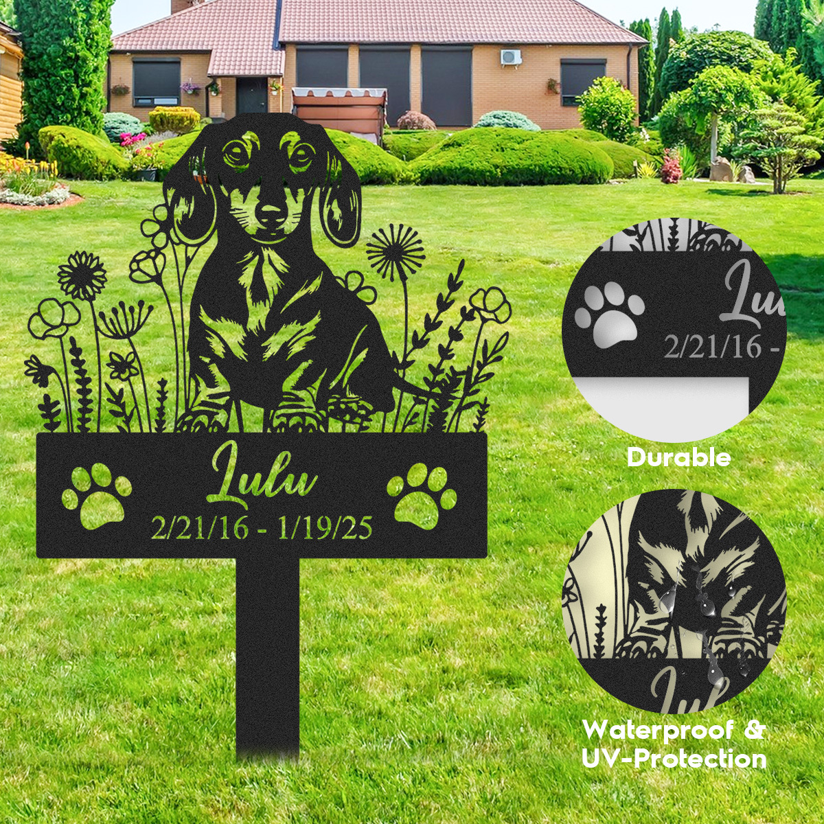 Custom Dachshund Memorial Garden Stake, Personalized Metal Dog Grave Marker with Name and Date
