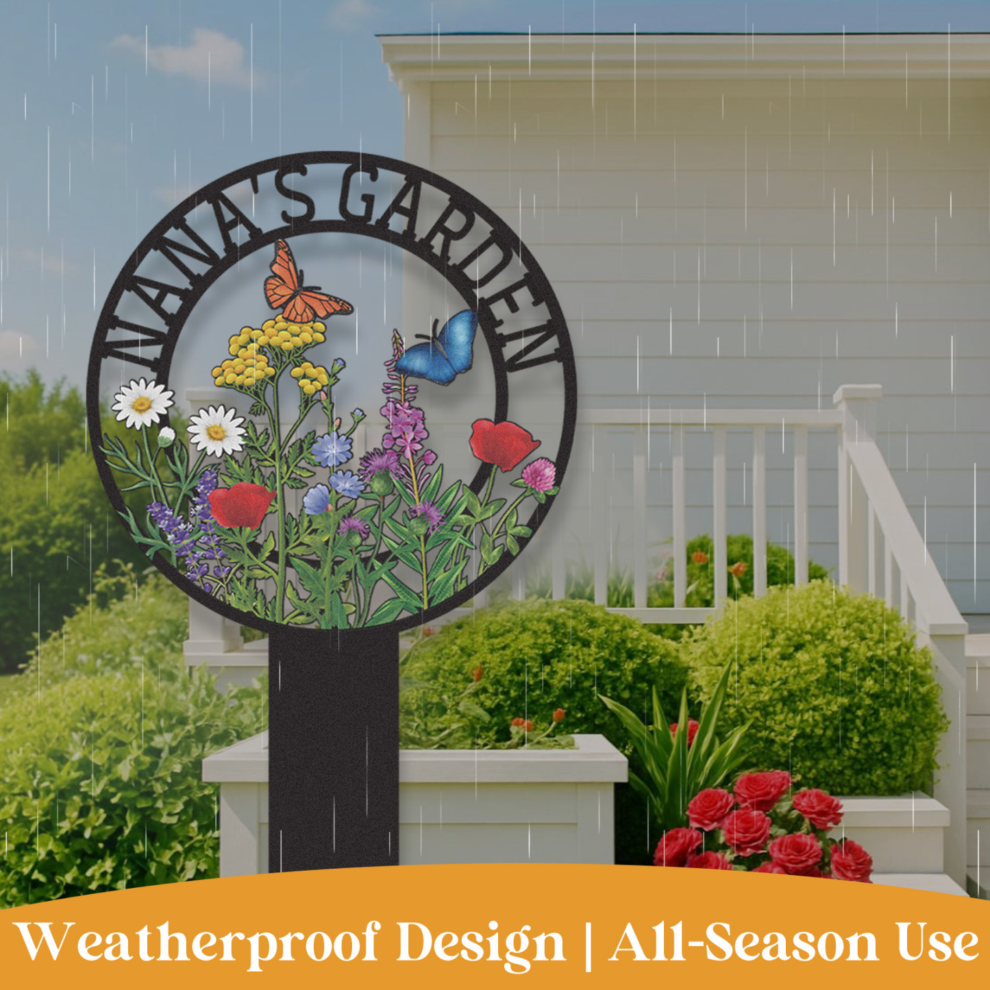 Personalized Garden Sign for Nana, Custom Metal Round Garden Stake with Wildflowers and Butterflies, Colorful Yard Sign for Outdoor Decor and Grandma’s Garden Gift