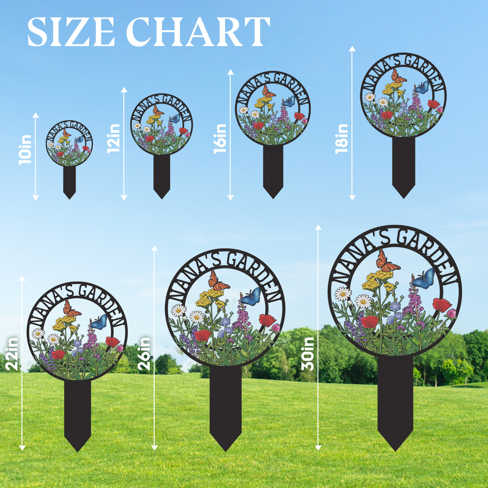 Personalized Garden Sign for Nana, Custom Metal Round Garden Stake with Wildflowers and Butterflies, Colorful Yard Sign for Outdoor Decor and Grandma’s Garden Gift