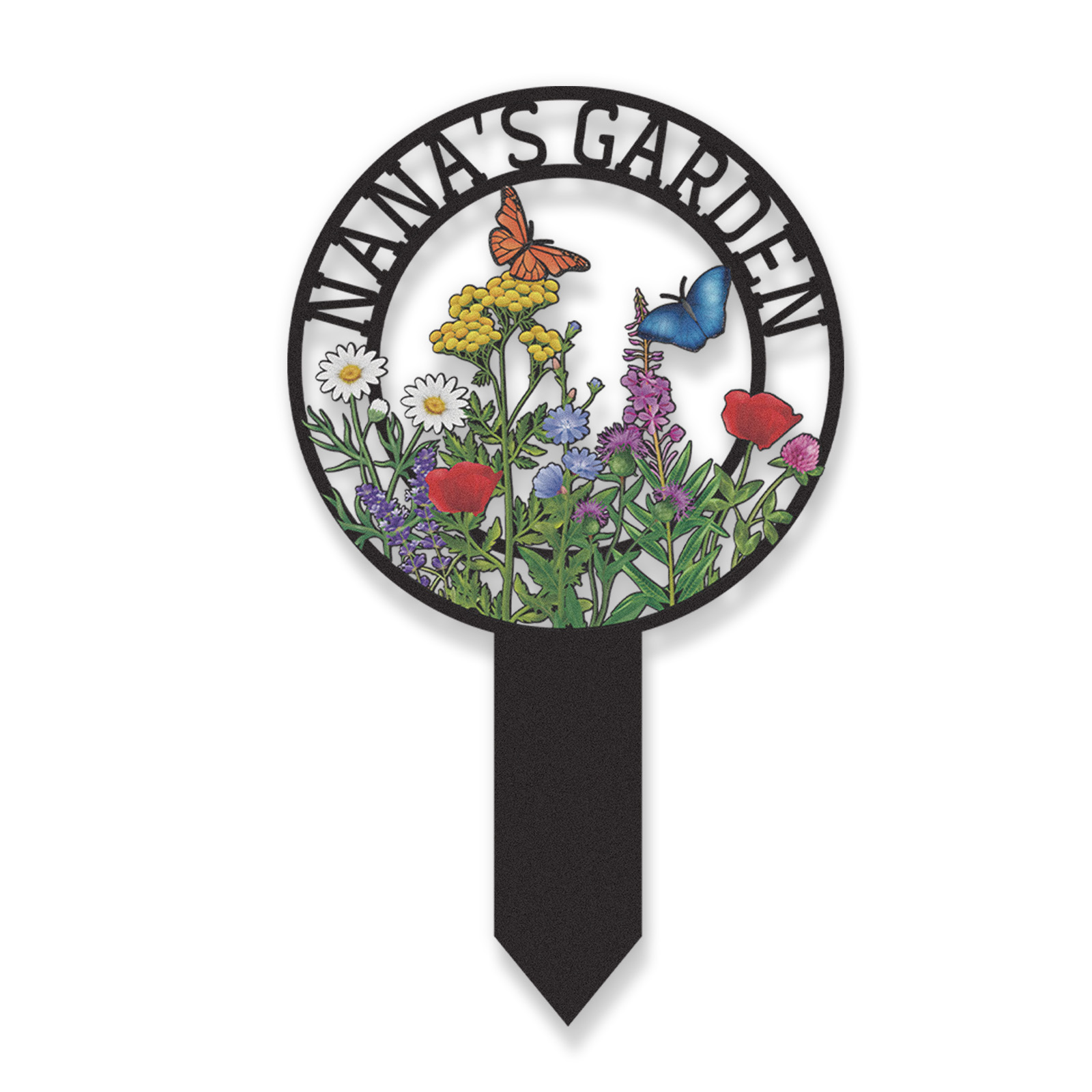 Personalized Garden Sign for Nana, Custom Metal Round Garden Stake with Wildflowers and Butterflies, Colorful Yard Sign for Outdoor Decor and Grandma’s Garden Gift