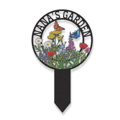Personalized Garden Sign for Nana, Custom Metal Round Garden Stake with Wildflowers and Butterflies, Colorful Yard Sign for Outdoor Decor and Grandma’s Garden Gift