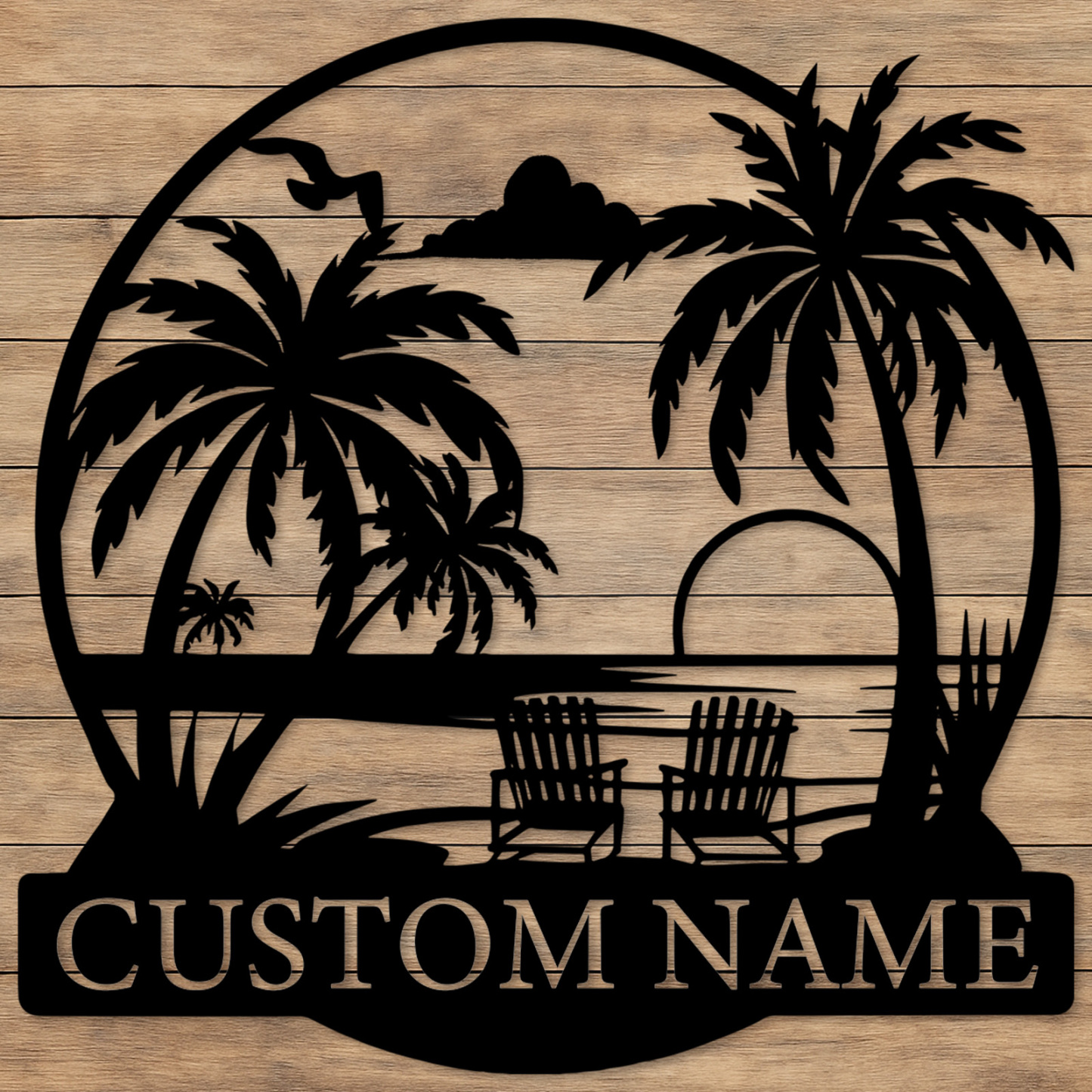 Custom Tropical Beach Sunset Sign, Personalized Palm Tree and Chair Wall Art for Patio, Poolside, or Coastal Vacation Home Decor