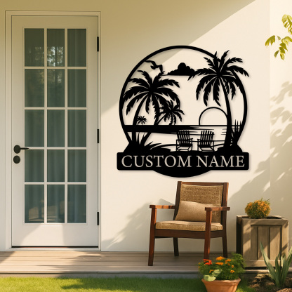 Custom Tropical Beach Sunset Sign, Personalized Palm Tree and Chair Wall Art for Patio, Poolside, or Coastal Vacation Home Decor