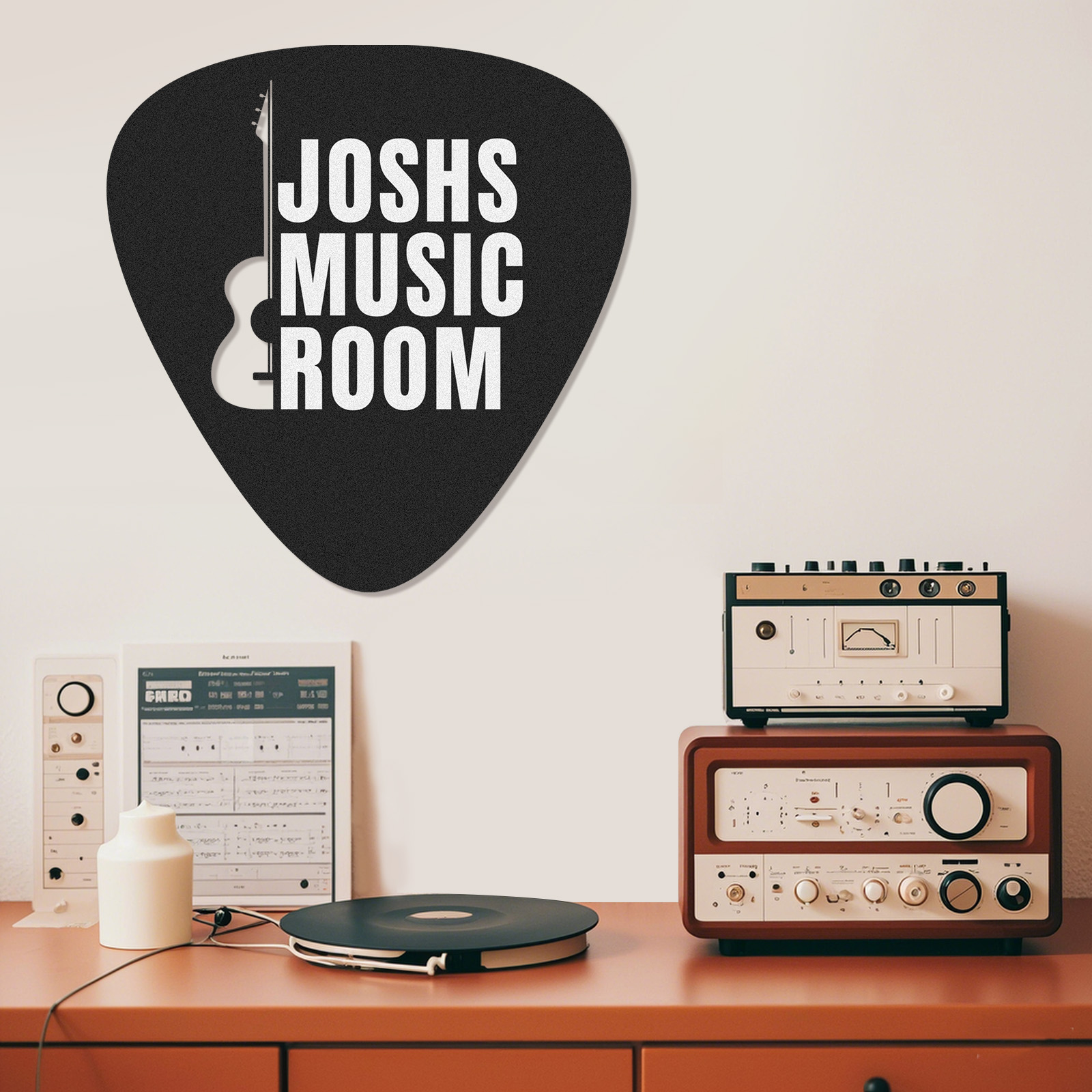 Custom Music Room Wall Sign with Pick Shape and Guitar, Personalized Metal Decor Gift for Musicians or Teens